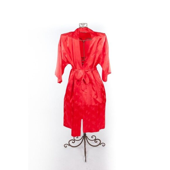 Vtg 1970’s Silk Robe Saks Fifth Avenue Bright Red Floral Imprint With Belt NWOT